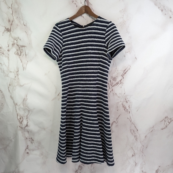 Theory Dress Women 10 Medium Blue Stripe Swing Organic Cotton Crew Neck Texture - Picture 1 of 12